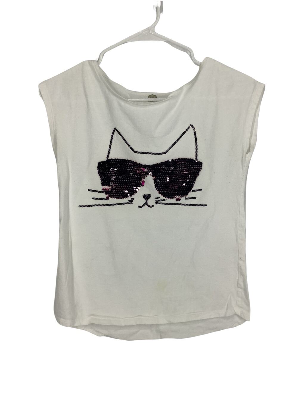 TG Total Girl White Cat Graphic Sequined Short Sleeve T-Shirt Youth Size XL 16